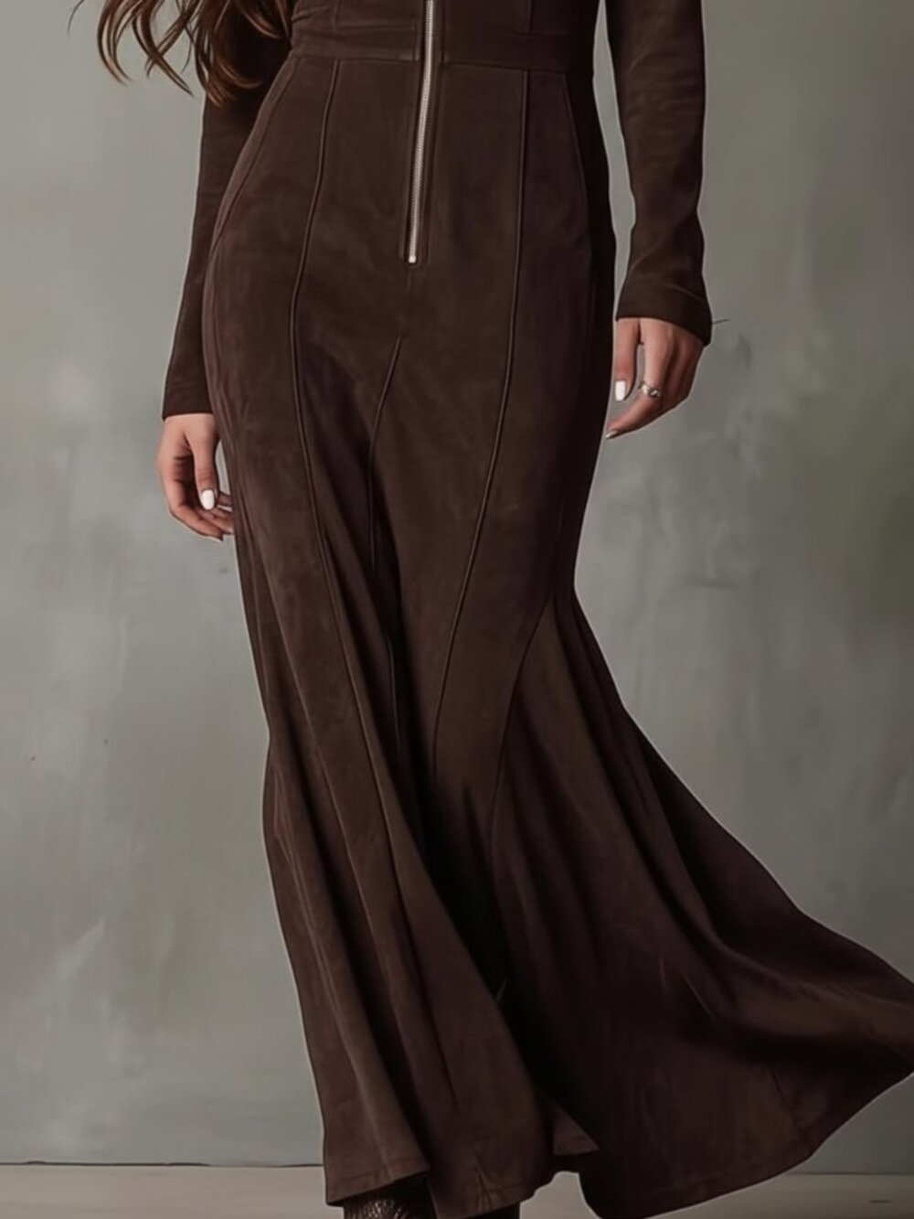 NWT Suede Zipper Front Slit Bodycon Maxi Dress Brown 14 - Picture 3 of 8